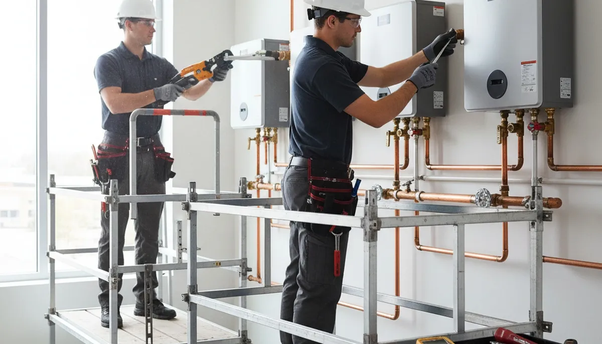 Boston plumber installing tankless water heater in a home for Boston, MA service call